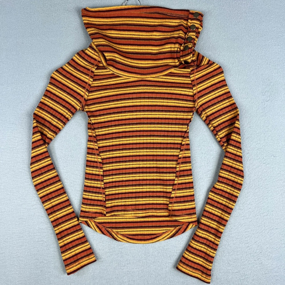 Free People Cape Cod Thermal Womans Small Cowl Neck Striped Top Snap Button Boho